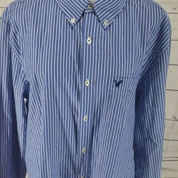 American Eagle Men's Classic Fit Blue Striped Button Down Business Shirt XL - Picture 4 of 7